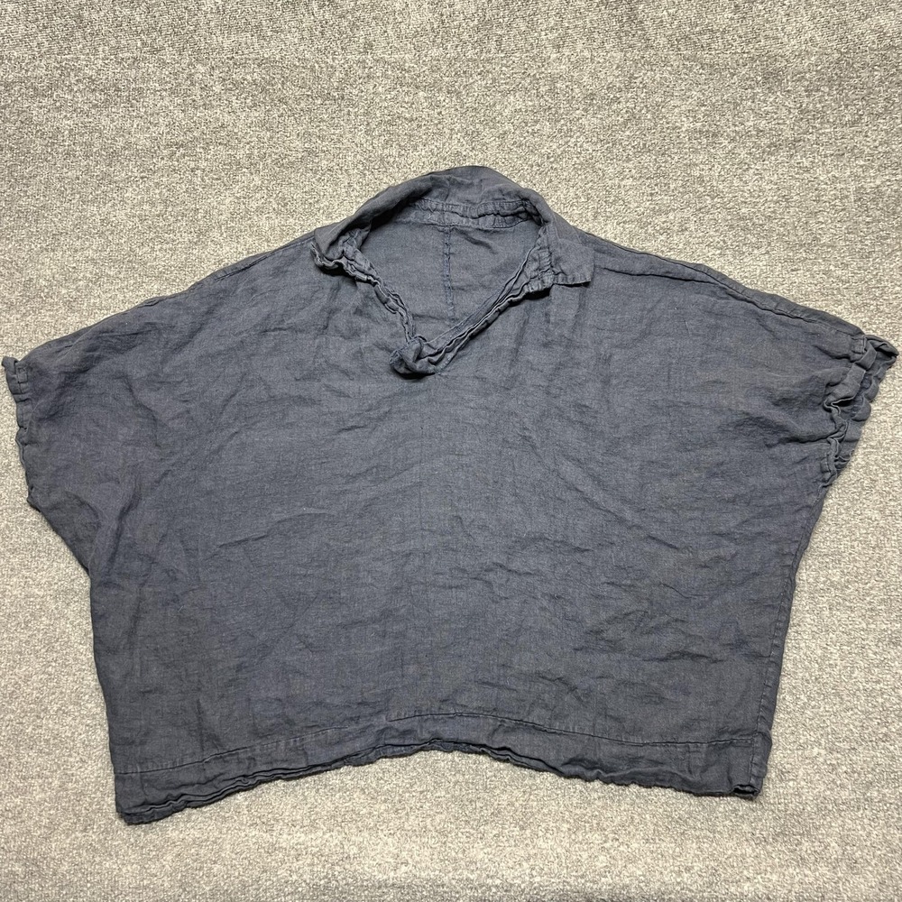 M Made in Italy Top Womens One Size Blue Linen Dolman Short Sleeve V Neck Summer